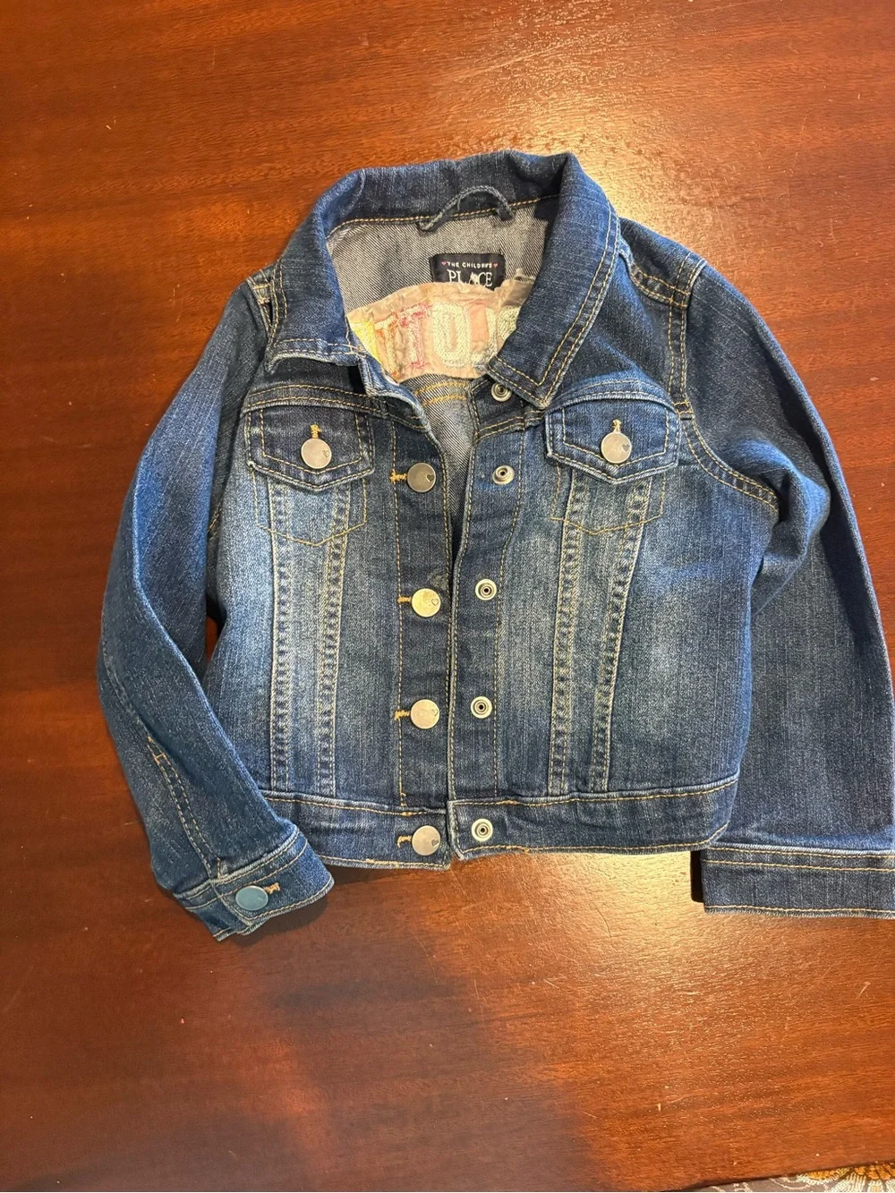 The Children's Place Blue Denim Jacket with Multicolor 'CHARLOTTE' Embroidery
